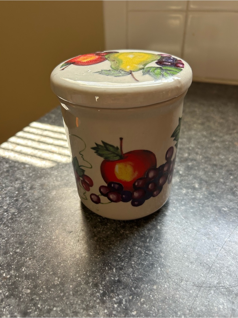 Vintage Ceramic Fruit Canister in White with Red, Yellow and Purple Fruit Motif